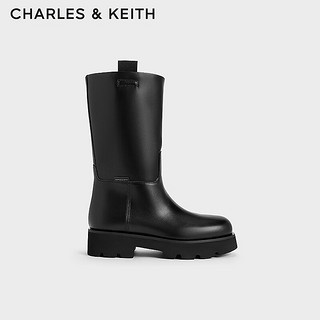 CHARLES&KEITH24秋季圆头直筒骑士靴厚底中筒靴CK1-90920140 Black黑色 36