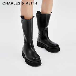 CHARLES&KEITH24秋季圆头直筒骑士靴厚底中筒靴CK1-90920140 Black黑色 36