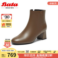 Bata时装靴女2024冬季商场新款粗跟百搭羊皮软底短筒靴ALV56DD4