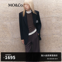 MO&Co.西装毛呢外套美丽诺绵羊毛学院风宽肩H型雕花金扣刺绣章仔