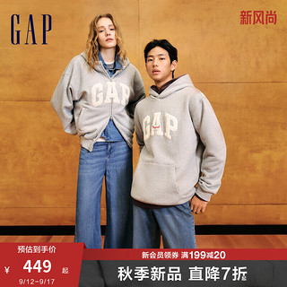 Gap女装2024秋季碳素软磨抓绒字母logo连帽卫衣外套641221 浅灰 175/92A(XL) 亚洲尺码