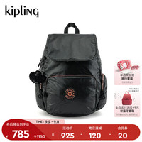 凯普林 kipling男女款2024年秋冬款时尚双肩背包书包猴子包CITY ZIP系列 S-漆器黑拼玫瑰金拉链