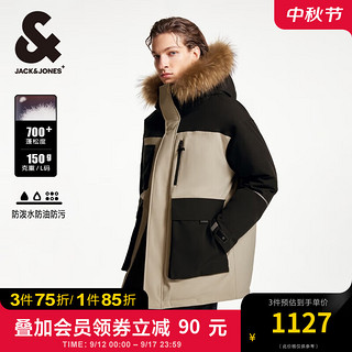 杰克·琼斯（JACK&JONES）男装衣服冬季三防工装中长款拼色宽松连帽大毛领羽绒服外套男 E11 卡其色 180/100A/L