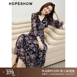 HOPESHOW 红袖 黑色碎花连衣裙秋季2024女装收腰V领别致雪纺裙 黑底粉花634 M