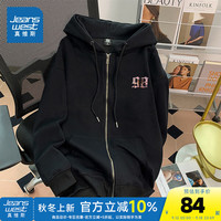 真维斯女装2024秋季 宽松个性印花开衫连帽卫衣外套女G2 黑色8010 180/100A/XL