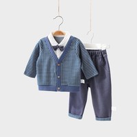 巴厘小猪儿童绅士套装2022春装宝宝学院风帅气衣服春秋潮男童外穿春季 宝蓝白格 73cm