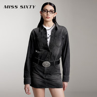 MISS SIXTY2024秋季长袖牛仔连衣裙女翻领复古机能休闲风百搭 黑灰 XS