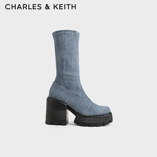 CHARLES&KEITH24秋季厚底侧拉链弹力靴瘦瘦靴女CK1-90360405 Denim Blue深牛仔蓝色 39