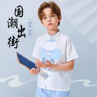 国风汉服舒适男童短袖短裤两件套米奇大图汉服套中大童休闲套装