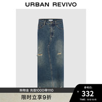 UR2024秋冬新款女装复古休闲磨破做旧高腰牛仔半裙UYV840017