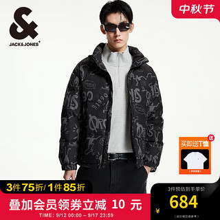 杰克·琼斯（JACK&JONES）男装衣服秋冬宽松满印LOGO趣味图案时尚潮流立领短款羽绒服外套男 黑色PURE BLACK 175/96A/M