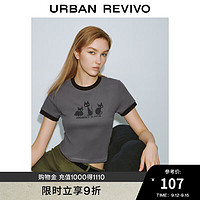 URBAN REVIVO UR2024秋季女装基础休闲撞色印花正肩短袖T恤UYV440013 深灰 L