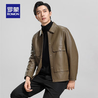 罗蒙(ROMON)男士时尚翻领短款PU皮衣2024秋季休闲百搭纯色夹克外套男 卡其 170 (适合90-120斤)