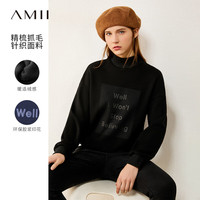 AMII2024冬时髦街头风印花抓毛卫衣女半高领落肩袖加绒上衣 黑色 165/88A/L