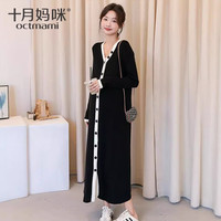 十月妈咪装连衣裙秋季时尚V领针织长袖毛衣裙子宽松大码针织衫裙 黑色 均码