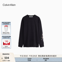 Calvin Klein Jeans女士休闲通勤简约ck字母印花纯棉打底衫圆领长袖T恤J220493 BEH-太空黑 S