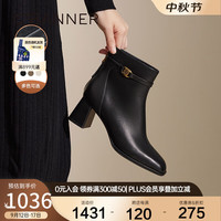 C.BANNER千百度粗高跟法式时装靴女2024冬季新款通勤保暖小短靴子