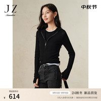 玖姿·安娜蔻休闲简约假两件羊毛热软糖修身针织衫女2024冬季 素黑 3XL