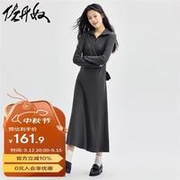 佐丹奴裙子女细坑条翻领半拉链门筒过膝针织连衣裙女05464866 灰白色 石板灰 L