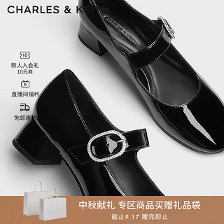 CHARLES&KEITH24冬季亮钻一字带粗跟玛丽珍鞋女CK1-61720215 Black Patent黑色 39