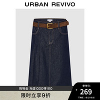 UR2024秋冬新款女装复古设计感压褶腰带饰牛仔半裙UYU840022