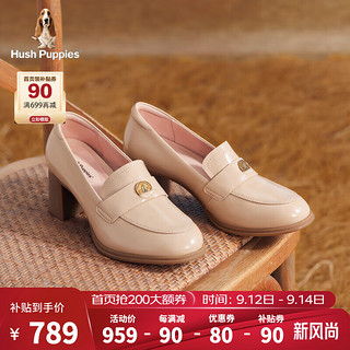 暇步士（Hush Puppies）高跟鞋女士休闲一脚蹬粗跟英伦皮鞋U3N02CA4 杏色 39