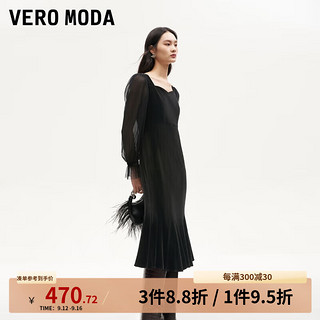 VERO MODA VEROMODA连衣裙2024秋季女装天鹅绒拼接网纱鱼尾长裙钻石领东方简奢风 纱袖丝绒裙-黑色 155/76A/XS