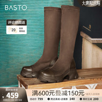 百思图2024冬季新款商场同款时尚通勤弹力靴粗跟女长靴O3008DG4 深咖色 39