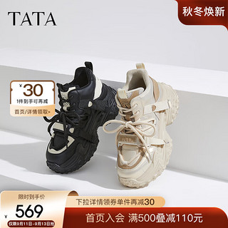 他她（TATA）加绒厚底老爹鞋女鞋复古高帮鞋运动鞋2024冬CGJ01DM4 黑/白（绒里） 35