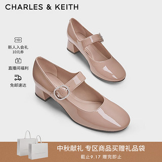 CHARLES&KEITH24冬季CK1-61720215亮钻一字带粗跟玛丽珍鞋女 Nude肉色 35