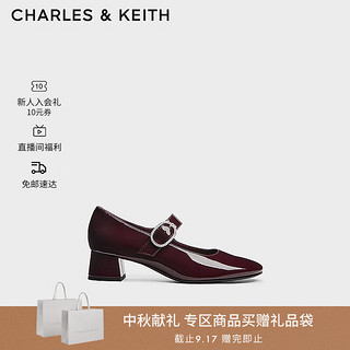 CHARLES&KEITH24冬季CK1-61720215亮钻一字带粗跟玛丽珍鞋女 Burgundy葡萄酒红色 34