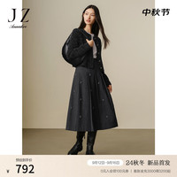 玖姿·安娜蔻静奢风花朵钉珠百搭呢子百褶半身裙腰裙女装2024冬新款 深灰