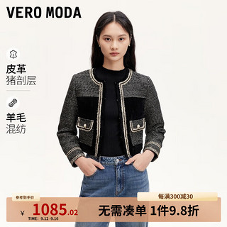 VEROMODA皮衣女2024秋季女装小香风亮丝绵羊毛花呢拼接九分袖经典大方 黑色 180/96A/XXL