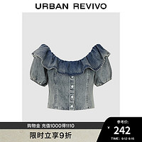 URBAN REVIVO UR2024秋季女装时髦休闲荷叶边短袖牛仔衬衫UWL840151 蓝色 S