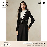 玖姿·安娜蔻优雅复古羊毛假两件收腰针织连衣裙女2024冬季 素黑 M