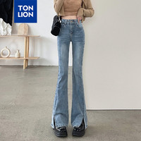 唐狮 TONLION【TJ】秋季新款设计感裤脚显瘦直筒开叉牛仔长裤子【微喇叭开叉】