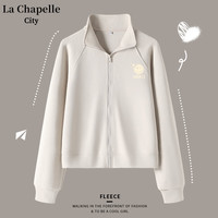 La Chapelle City拉夏贝尔100%纯棉星空立领短开衫女2024年春秋季简约风外套 浅卡其-眨眼表情K M