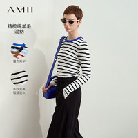AMII2024冬休闲风圆领撞色拼接错落条纹毛衣女修身显瘦上衣 米白 155/80A/S