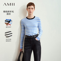 AMII2024冬休闲风圆领撞色拼接错落条纹毛衣女修身显瘦上衣 天空蓝 165/88A/L