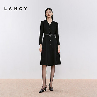 朗姿/LANCY24冬高级感羊毛V领收腰A字针织连衣裙气质裙子女 夜幕黑色 S