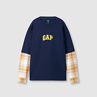 88VIP：Gap 盖璞 男女装2024秋季新款字母logo格纹拼接假两件长袖T恤上衣635980