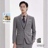 【面料】男士商务正装戗驳领双开叉修身版格纹西服外套