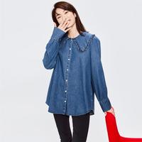 女装纯棉牛仔衬衫女秋冬娃娃领宽松长袖衬衫女士
