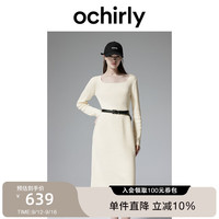 ochirly欧时力方领针织连衣裙收腰复古高级感24秋冬季通勤 米白 S