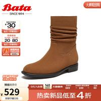 Bata堆堆靴女2024冬季百搭牛剖皮粗跟褶皱时装靴53822DZ4 杏色 37