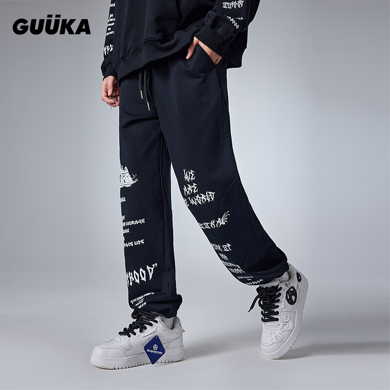 古由卡（GUUKA）潮牌复古水洗轻磨毛休闲卫裤男秋新款 创意字母收口长裤宽松百搭