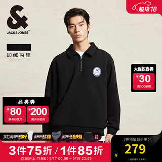 杰克琼斯 杰克·琼斯（JACK&JONES）秋冬时尚半拉链POLO领宽松上衣美式复古加绒卫衣男翻领套头衫 E40 黑色 180/100A/L