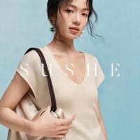 /SUSHE浪漫大V领包肩小飞袖高弹针织圆弧摆上衣女夏季