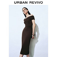 URBAN REVIVO UR2024秋季新款女装不对称一字肩中长款连衣裙UWG740143