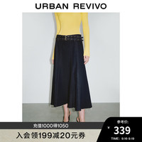 UR2024秋冬新款女装复古港风双腰带中长款牛仔半裙UWG840251